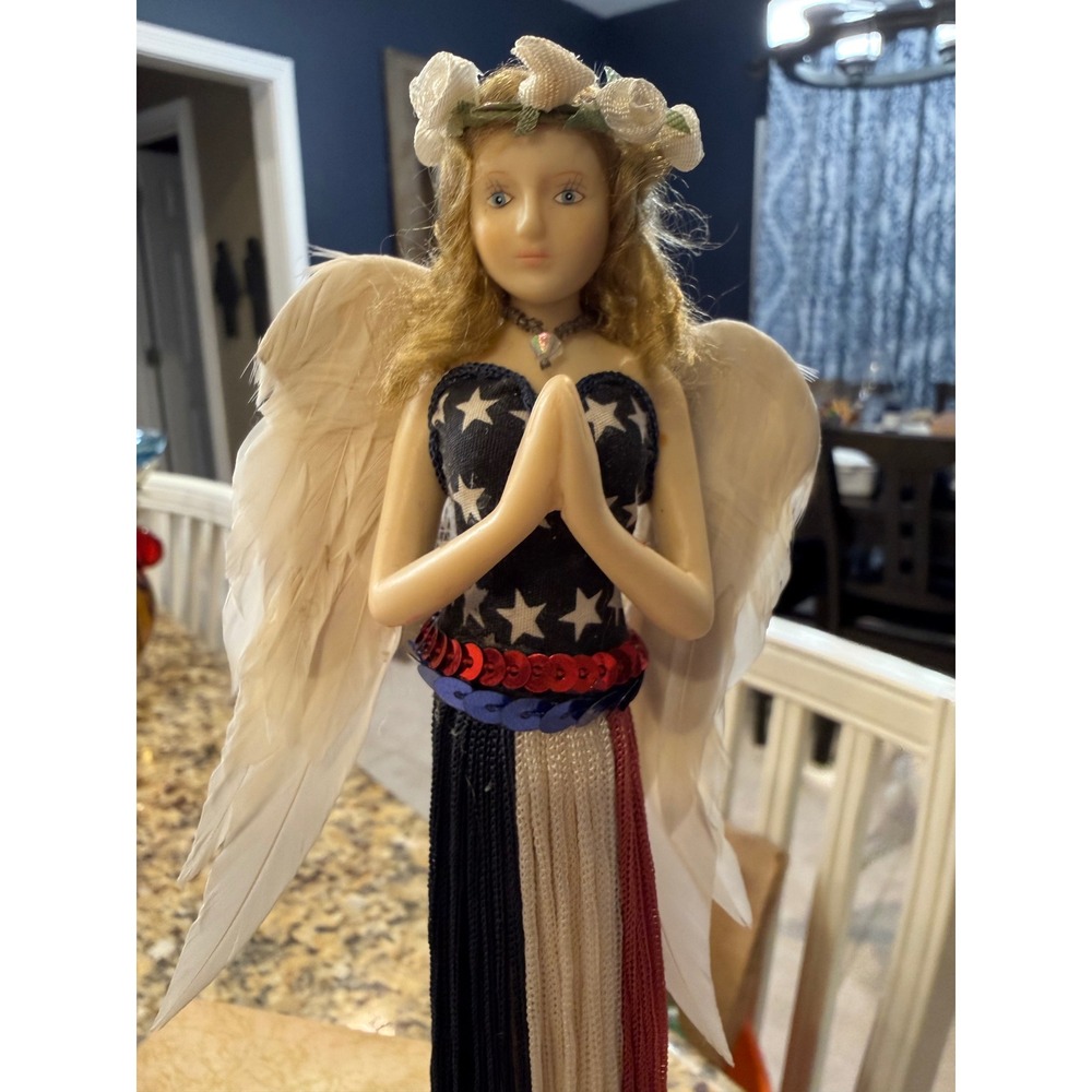 Patriotic Angel Figurine Americana Red White Blue Stars Sequin Fringe 10.5 Inch